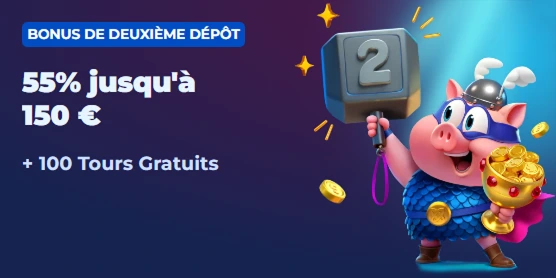 Bonus deuxième dépôt 55 % jusqu’à 150 € + 100 free spins avec cochon et bloc 2