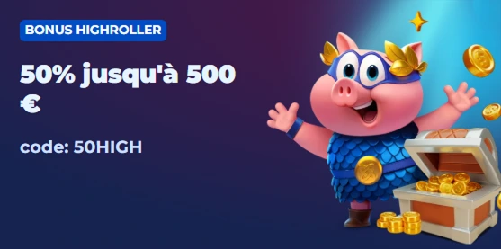 Bonus Highroller 50 % jusqu’à 500 € avec cochon guerrier et coffre au trésor