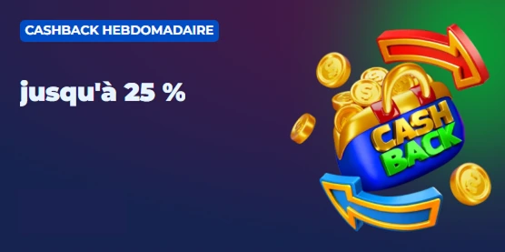 Cashback hebdomadaire jusqu’à 25 % avec icône de flèches et pièces