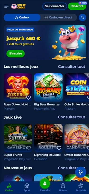 Vue mobile accueil du casino avec bonus de 450 € et jeux populaires