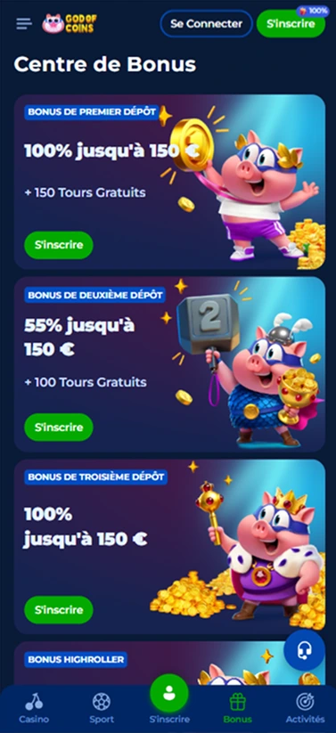 Centre de bonus sur version mobile avec les 3 offres de dépôt
