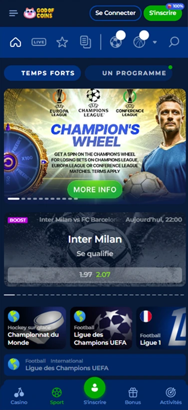 Vue mobile des paris sportifs avec roue Champions League et cotes match Inter Milan